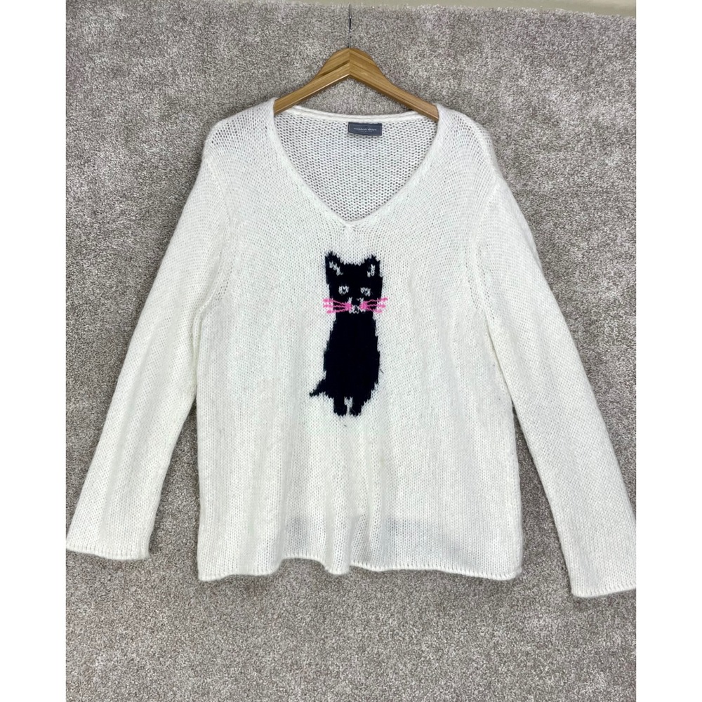 Wooden Ships Cat Graphic Mohair Wool Sweater Womens M/L Cream Chunky Knit Chic